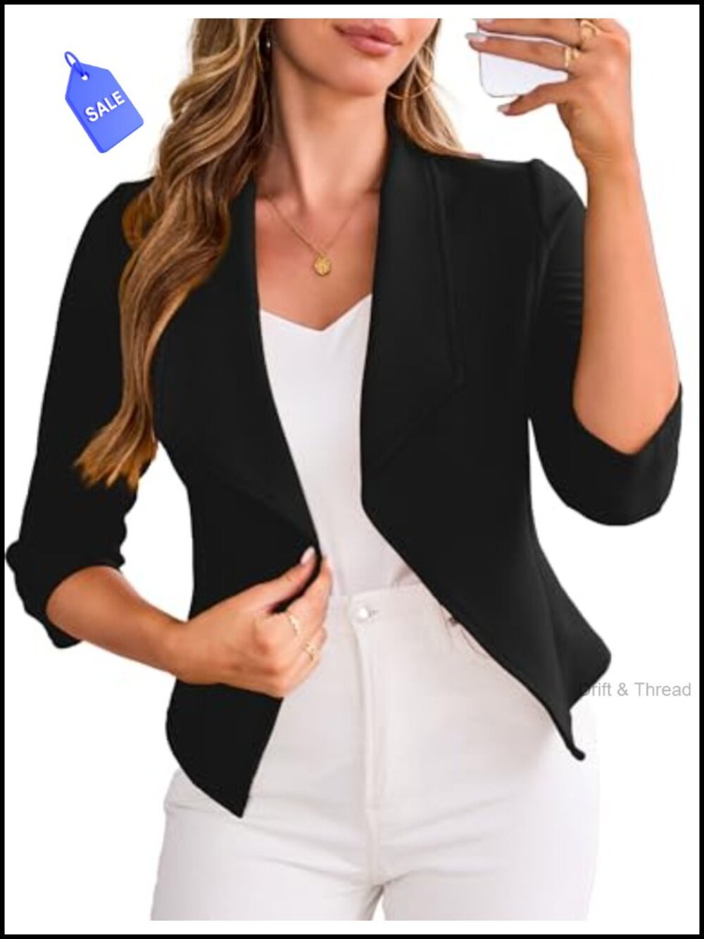 Women's Cropped Blazer Jacket Lightweight 3/4 Sleeve Business Casual
